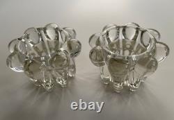 Pair of Vintage Swedish Crystal Flower Column Candle Holders Mid Century Hobnail