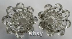 Pair of Vintage Swedish Crystal Flower Column Candle Holders Mid Century Hobnail