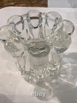 Pair of Vintage Swedish Crystal Flower Column Candle Holders Mid Century Hobnail