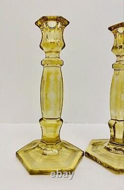 Pair of Vintage Yellow Depression Glass Etched Floral Candle Candlestick Holders