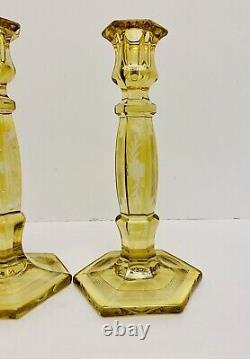 Pair of Vintage Yellow Depression Glass Etched Floral Candle Candlestick Holders