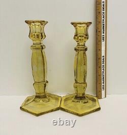 Pair of Vintage Yellow Depression Glass Etched Floral Candle Candlestick Holders