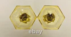 Pair of Vintage Yellow Depression Glass Etched Floral Candle Candlestick Holders