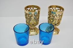 + Pair of Votive Light Candle Holders with Blue Glass + (#284)