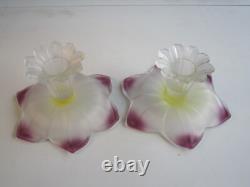 Pair of Westmoreland Glass Lotus Frosted Candle Holders With Violet Tips