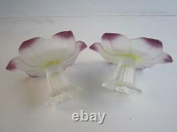 Pair of Westmoreland Glass Lotus Frosted Candle Holders With Violet Tips