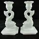 Pair Of White Milk Glass Cambridge Glass Co Crown Tuscan Dolphin Candlesticks