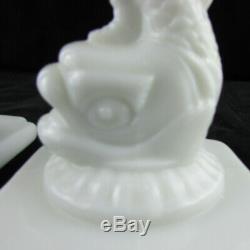 Pair of White Milk Glass Cambridge Glass Co Crown Tuscan Dolphin Candlesticks
