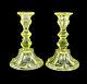 Pair Of Yellow Vaseline Glass Candlesticks 6 3/4, 19th Century