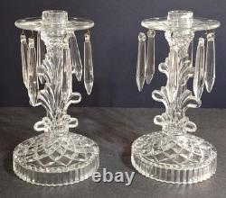 Pair of indiana glass line 174 candelabra holders complete withall 12 prisms