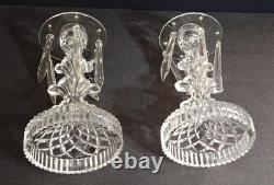 Pair of indiana glass line 174 candelabra holders complete withall 12 prisms