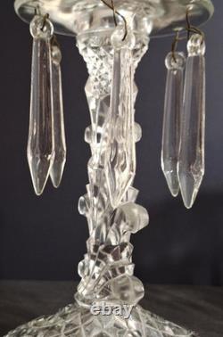 Pair of indiana glass line 174 candelabra holders complete withall 12 prisms