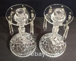 Pair of indiana glass line 174 candelabra holders complete withall 12 prisms