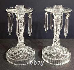 Pair of indiana glass line 174 candelabra holders complete withall 12 prisms