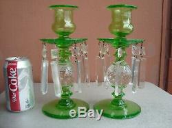 Pairpoint Glass Green & Controlled Bubbles 9.5 Candlesticks with Prisms