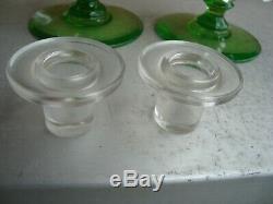 Pairpoint Glass Green & Controlled Bubbles 9.5 Candlesticks with Prisms