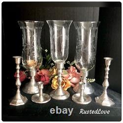 Pewter Candle Holders Hurricane Holders Set Mixed sizes Makers 7 Pieces