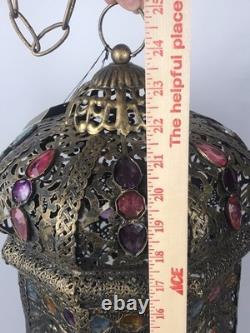 Pier 1 Large 24 Hanging Lantern Moroccan Filigree Jeweled Candle Holder Pendant