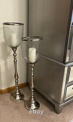 Pier 1 Large Glass & Silver Floor Standing Pillar Candle Holders