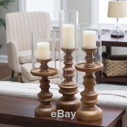 Pillar Candle Holder Set of 3 Trio Tall Hurricane Glass Wood Holders Table Decor