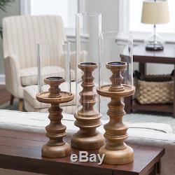 Pillar Candle Holder Set of 3 Trio Tall Hurricane Glass Wood Holders Table Decor