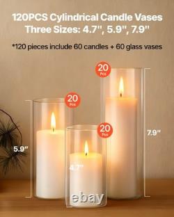Pillar Candles and Glass Vases Set 120 Pcs, Clear Cylinder Hurricane Candl