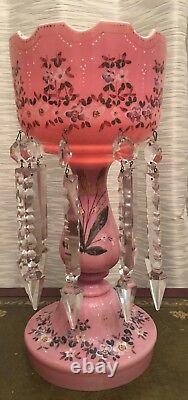 Pink Cased Glass Enamel Flowers Mantle Luster Lustre Candle Holder Prisms