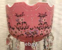 Pink Cased Glass Enamel Flowers Mantle Luster Lustre Candle Holder Prisms