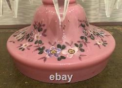 Pink Cased Glass Enamel Flowers Mantle Luster Lustre Candle Holder Prisms