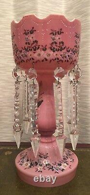 Pink Cased Glass Enamel Flowers Mantle Luster Lustre Candle Holder Prisms