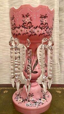 Pink Cased Glass Enamel Flowers Mantle Luster Lustre Candle Holder Prisms