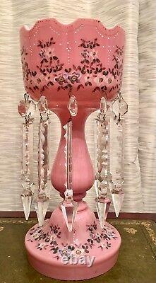 Pink Cased Glass Enamel Flowers Mantle Luster Lustre Candle Holder Prisms