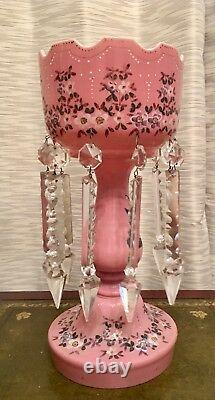 Pink Cased Glass Enamel Flowers Mantle Luster Lustre Candle Holder Prisms