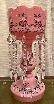 Pink Cased Glass Enamel Flowers Mantle Luster Lustre Candle Holder Prisms