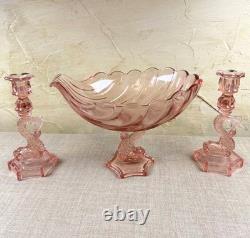 Pink Glass Dolphin Candle Holders & Console Bowl Mid-Century Regency Coastal