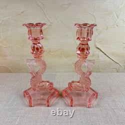 Pink Glass Dolphin Candle Holders & Console Bowl Mid-Century Regency Coastal