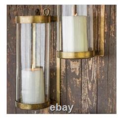 Plow and Hearth Wall Mounted Hurricane Sconces Candle Brass Glass Set 2