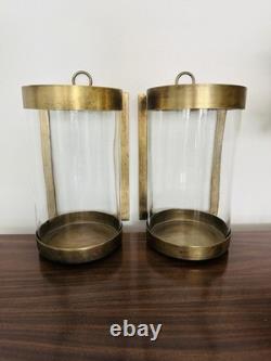 Plow and Hearth Wall Mounted Hurricane Sconces Candle Brass Glass Set 2