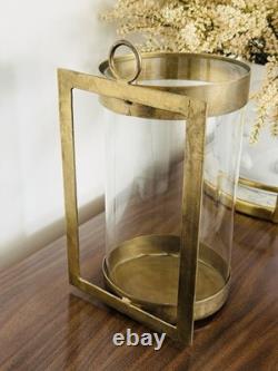 Plow and Hearth Wall Mounted Hurricane Sconces Candle Brass Glass Set 2
