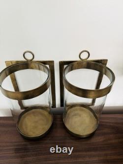 Plow and Hearth Wall Mounted Hurricane Sconces Candle Brass Glass Set 2