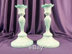 Portieux Vallerysthal Blue Milk Glass Chimeres Pair of Candle Holders