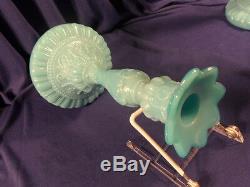 Portieux Vallerysthal Blue Milk Glass Chimeres Pair of Candle Holders