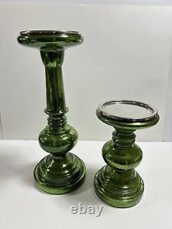 Pottery Barn Everett Green Mercury Glass Pillar Candle Holders S/2 New in Box