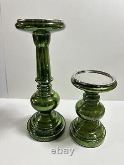 Pottery Barn Everett Green Mercury Glass Pillar Candle Holders S/2 New in Box