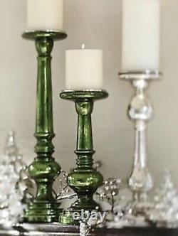 Pottery Barn Everett Green Mercury Glass Pillar Candle Holders S/2 New in Box