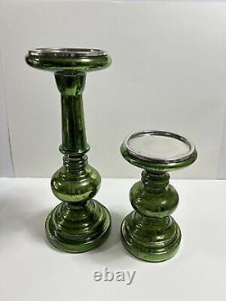 Pottery Barn Everett Green Mercury Glass Pillar Candle Holders S/2 New in Box