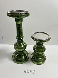 Pottery Barn Everett Green Mercury Glass Pillar Candle Holders S/2 New in Box