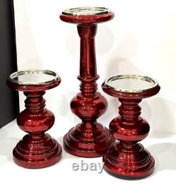 Pottery Barn Red Antique Mercury Glass Pillar Candle Holders set of 3