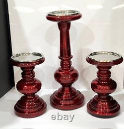 Pottery Barn Red Antique Mercury Glass Pillar Candle Holders set of 3