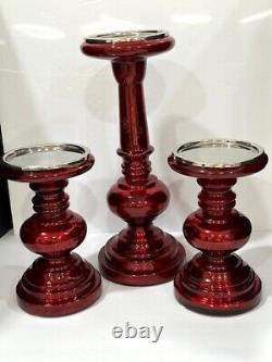 Pottery Barn Red Antique Mercury Glass Pillar Candle Holders set of 3